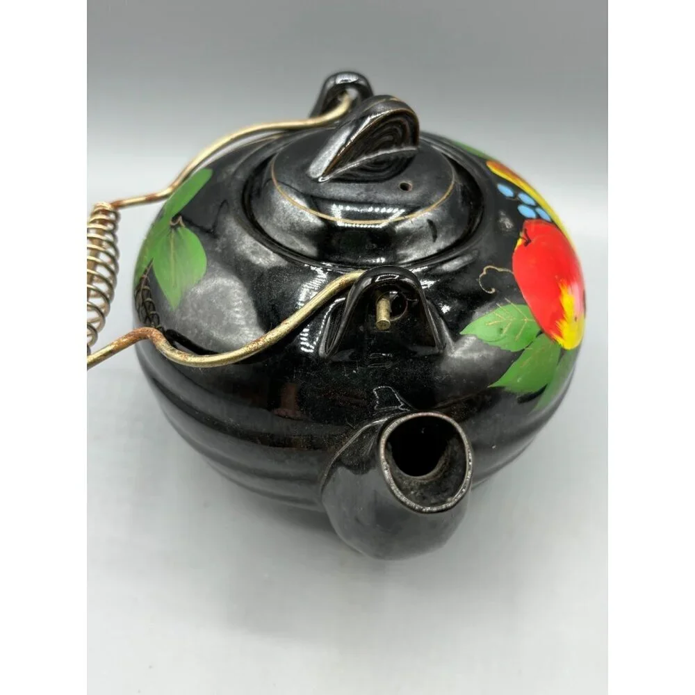 Vtg Wales Black Teapot With Hand Painted Fruit Design Coiled Metal‎ Handle